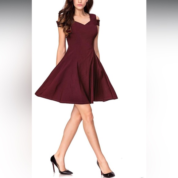 Insnova Burgundy Cold Shoulder A-Line Dress Romantic Fit & Flare Cocktail Party - Picture 5 of 13